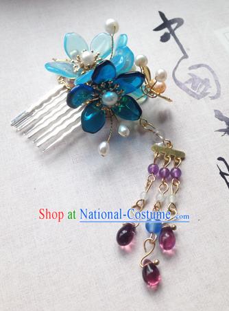 Chinese Ancient Hanfu Tassel Handmade Hairpins Hair Accessories Blue Flowers Hair Comb for Women