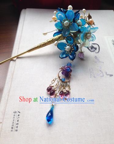 Chinese Ancient Hanfu Tassel Handmade Hairpins Hair Accessories Blue Flowers Step Shake for Women