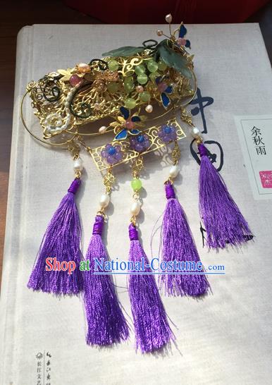 Chinese Ancient Hanfu Handmade Hairpins Hair Accessories Purple Tassel Hair Stick for Women