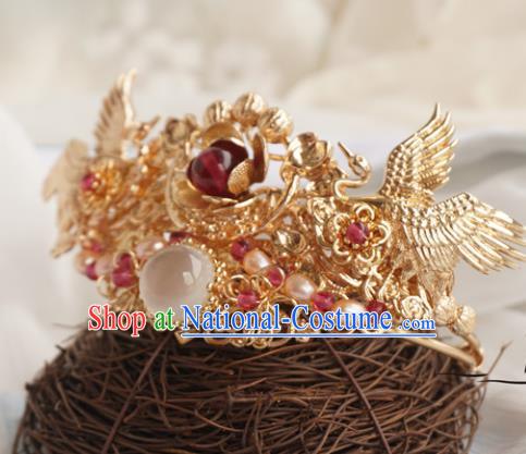 Chinese Ancient Handmade Golden Crane Hair Crown Hanfu Hairpins Hair Accessories for Women