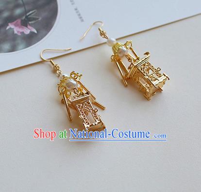 Chinese Handmade Ancient Jewelry Accessories Eardrop Hanfu Golden Pavilion Tassel Earrings for Women