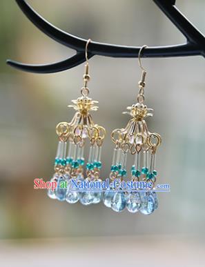 Chinese Handmade Ancient Jewelry Accessories Eardrop Hanfu Blue Beads Tassel Earrings for Women