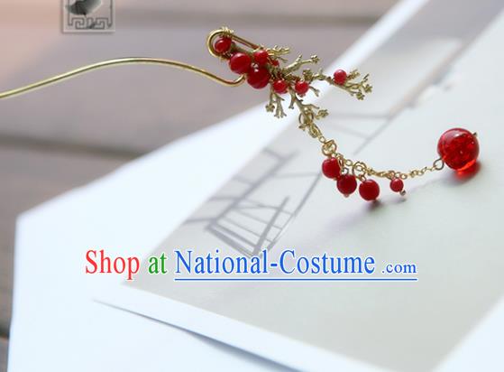 Chinese Ancient Handmade Hanfu Red Beads Tassel Step Shake Hairpins Hair Accessories for Women