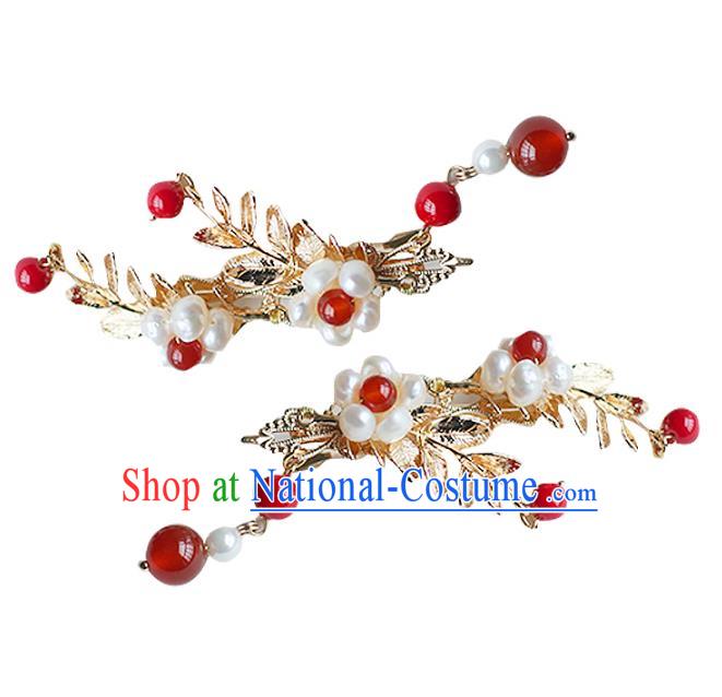 Chinese Ancient Handmade Hanfu Red Bead Hair Sticks Hairpins Hair Accessories for Women