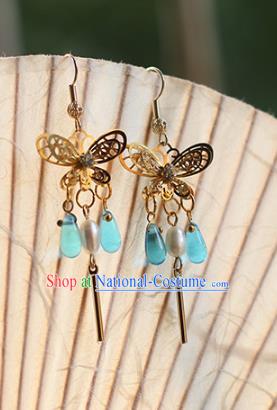 Chinese Handmade Ancient Jewelry Accessories Golden Eardrop Hanfu Butterfly Earrings for Women