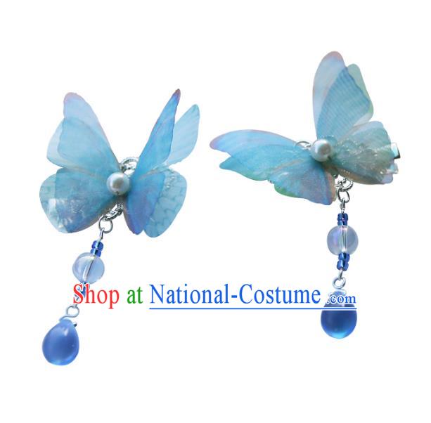 Chinese Ancient Handmade Hanfu Hairpins Palace Lady Blue Butterfly Hair Claws Hair Accessories for Women