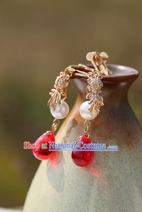 Chinese Handmade Ancient Jewelry Accessories Red Crystal Eardrop Hanfu Earrings for Women