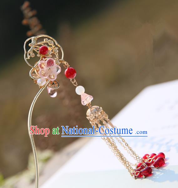 Chinese Ancient Handmade Hanfu Red Beads Tassel Step Shake Hairpins Palace Lady Hair Accessories for Women