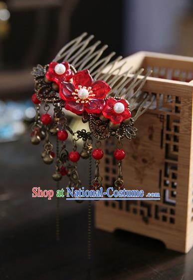 Chinese Ancient Handmade Hanfu Classical Hairpins Red Flowers Hair Comb Palace Lady Hair Accessories for Women