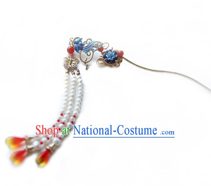 Chinese Ancient Handmade Hanfu Classical Tassel Hairpins Palace Lady Blueing Phoenix Hair Clip Hair Accessories for Women