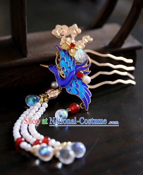 Chinese Ancient Handmade Hanfu Classical Tassel Hairpins Palace Lady Blueing Hair Comb Hair Accessories for Women