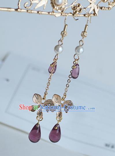 Chinese Handmade Ancient Jewelry Accessories Eardrop Hanfu Purple Beads Long Tassel Earrings for Women