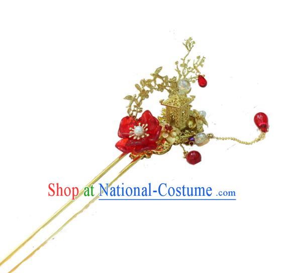 Chinese Ancient Handmade Hanfu Hairpins Palace Lady Red Flower Hair Clip Hair Accessories for Women