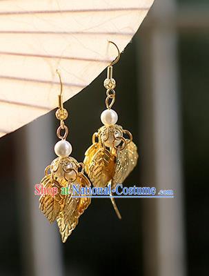 Chinese Handmade Ancient Jewelry Accessories Golden Leaf Eardrop Hanfu Earrings for Women