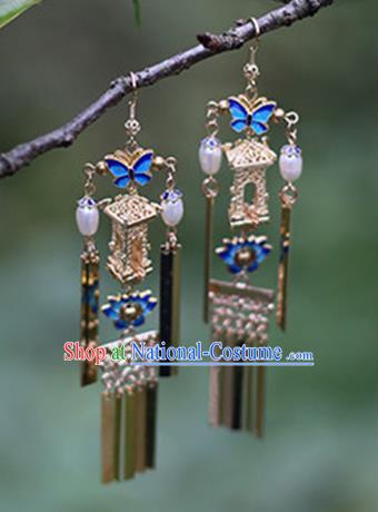 Chinese Handmade Ancient Jewelry Accessories Blueing Butterfly Eardrop Hanfu Earrings for Women