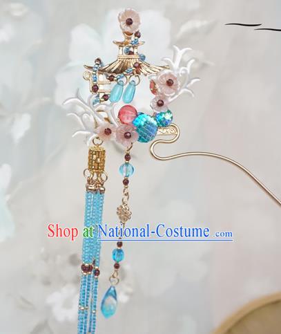 Chinese Ancient Handmade Hanfu Blue Tassel Step Shake Hairpins Hair Accessories for Women