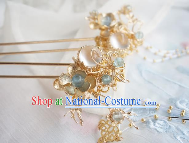 Chinese Ancient Handmade Hanfu Golden Flowers Hairpins Hair Accessories Tassel Step Shake for Women