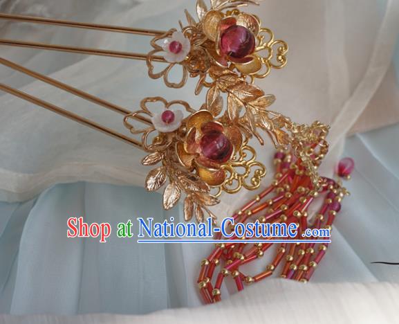 Chinese Ancient Handmade Hanfu Hairpins Hair Accessories Red Tassel Step Shake for Women