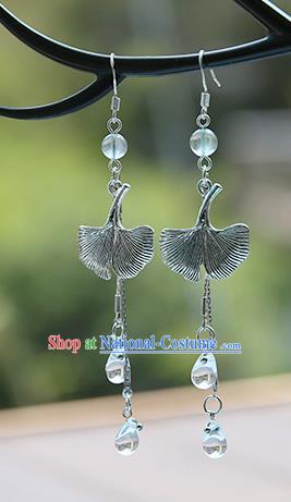 Chinese Handmade Ancient Jewelry Accessories Hanfu Tassel Ginkgo Leaf Earrings for Women