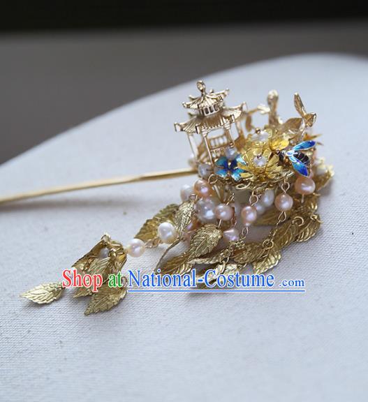 Chinese Ancient Hanfu Handmade Golden Leaf Tassel Hairpins Palace Lady Hair Clip Hair Accessories for Women