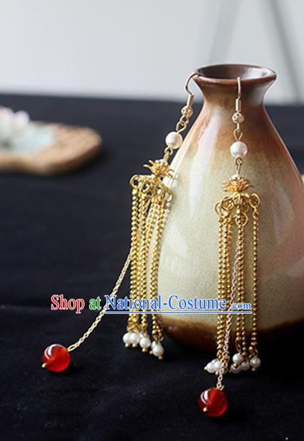 Chinese Handmade Ancient Jewelry Accessories Golden Eardrop Hanfu Long Tassel Earrings for Women