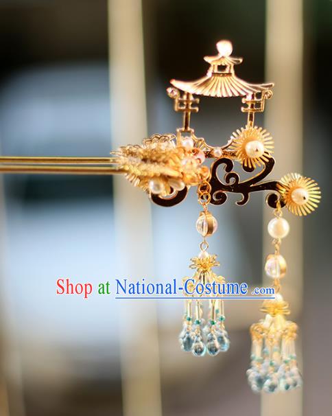 Chinese Ancient Hanfu Handmade Golden Pavilion Hairpins Tassel Hair Clip Hair Accessories for Women