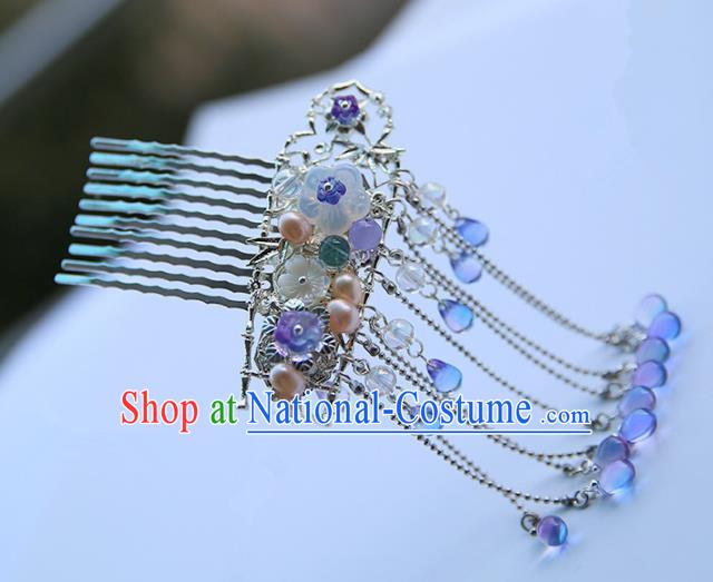 Chinese Ancient Hanfu Handmade Blue Beads Tassel Hair Comb Hairpins Hair Accessories for Women