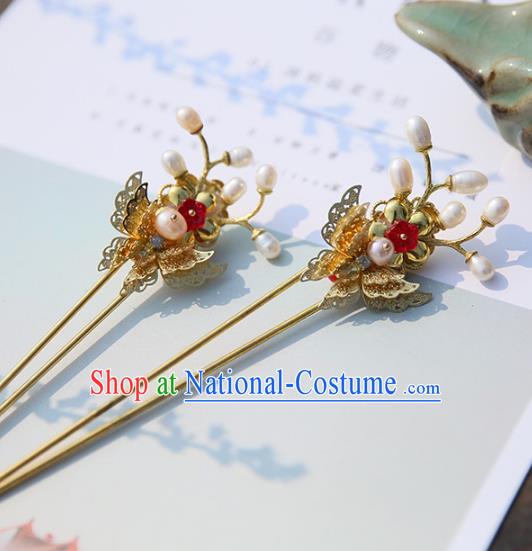 Chinese Ancient Hanfu Handmade Pearls Hairpins Butterfly Hair Stick Hair Accessories for Women