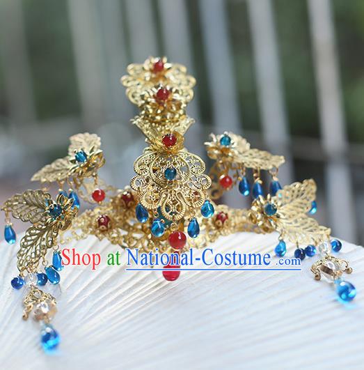 Chinese Ancient Hanfu Handmade Hairpins Blue Beads Tassel Phoenix Coronet Hair Accessories for Women