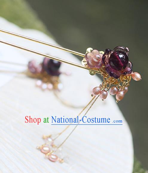 Chinese Ancient Hanfu Handmade Hairpins Purple Coloured Glaze Tassel Hair Clip Hair Accessories for Women