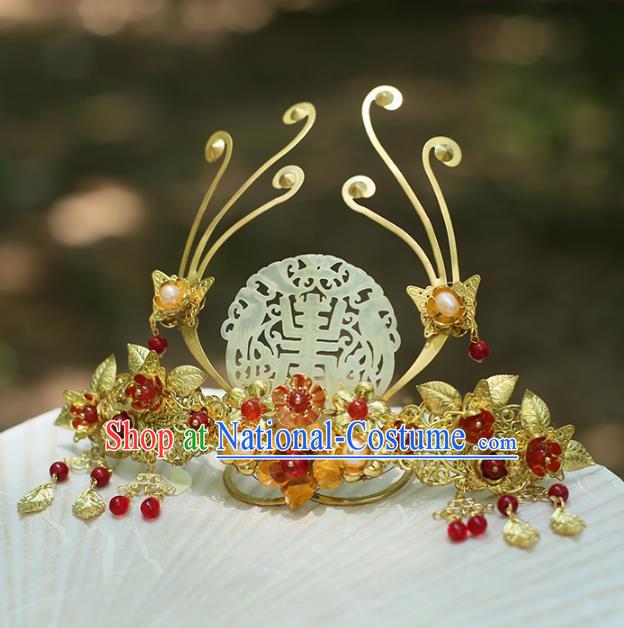 Chinese Ancient Hanfu Handmade Hairpins Jade Phoenix Coronet Hair Clips Hair Accessories for Women