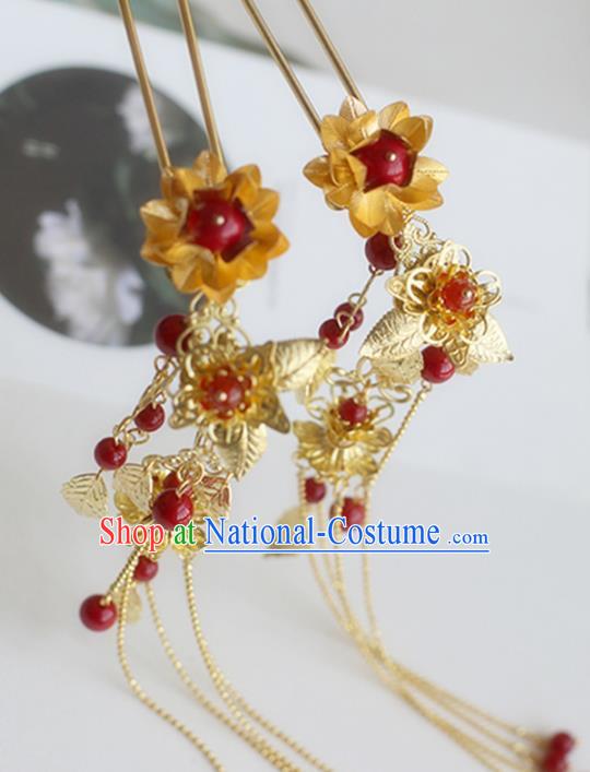 Chinese Ancient Hanfu Handmade Hairpins Golden Tassel Step Shake Hair Accessories for Women