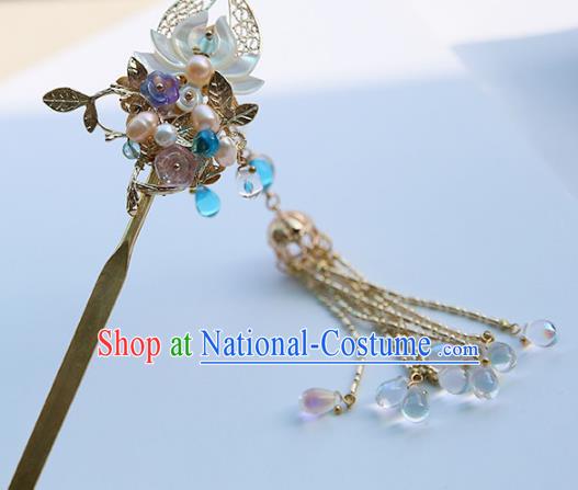 Chinese Ancient Hanfu Handmade Tassel Lotus Hairpins Hair Clip Step Shake Hair Accessories for Women