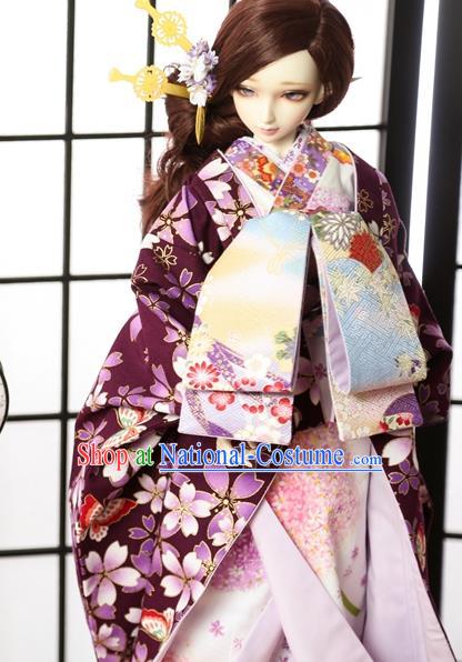 Traditional Asian Japan Costume Japanese Courtesan Iromuji Kimono Purple Sakura Vibration Sleeve Kimono for Women