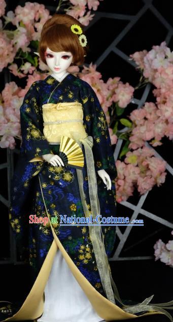 Traditional Asian Japan Costume Japanese Courtesan Iromuji Kimono Deep Blue Vibration Sleeve Kimono Clothing for Women