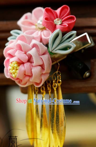 Traditional Asian Japan Hair Accessories Pink Flowers Tassel Hairpins Japanese Fashion Apparel Kimono Headwear for Women