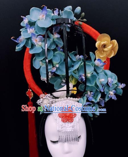 Top Grade China Blue Flowers Hair Accessories Halloween Stage Performance Deluxe Headwear for Women