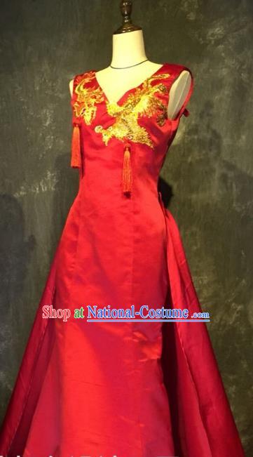 Top Grade Stage Performance Catwalks Embroidered Costume Wedding Red Full Dress Clothing for Women