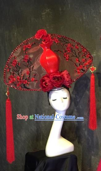 Top Grade China Ancient Hair Accessories Red Plum Blossom Palace Hair Crown Stage Performance Headdress for Women