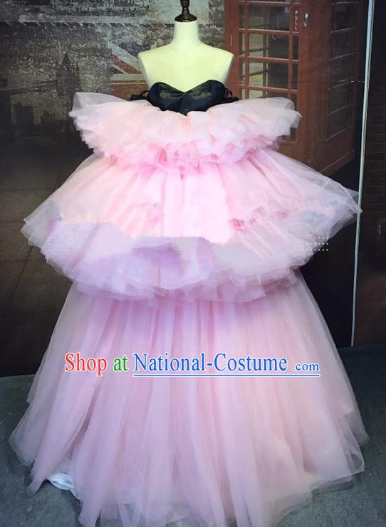 Top Grade Stage Performance Catwalks Costume Wedding Full Dress Pink Veil Bubble Dress for Women