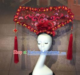 Top Grade China Catwalks Hair Accessories Qing Dynasty Red Headwear Stage Performance Headdress for Women