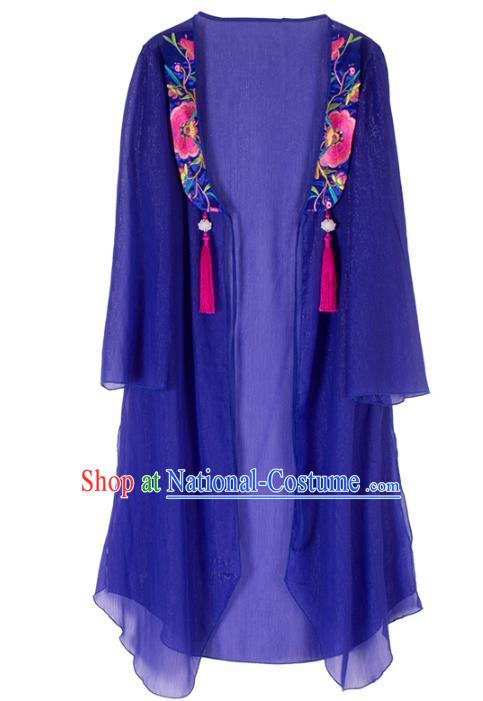 Traditional China National Costume Chinese Tang Suit Embroidered Blue Cardigan for Women