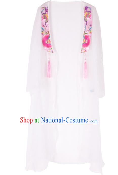 Traditional China National Costume Chinese Tang Suit Embroidered White Cardigan for Women