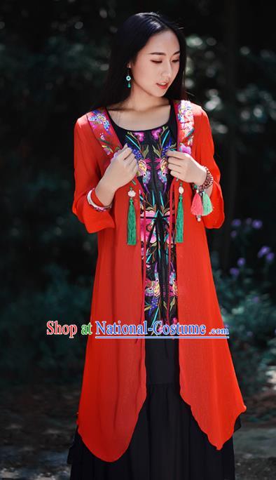 Traditional China National Costume Chinese Tang Suit Embroidered Red Cardigan for Women