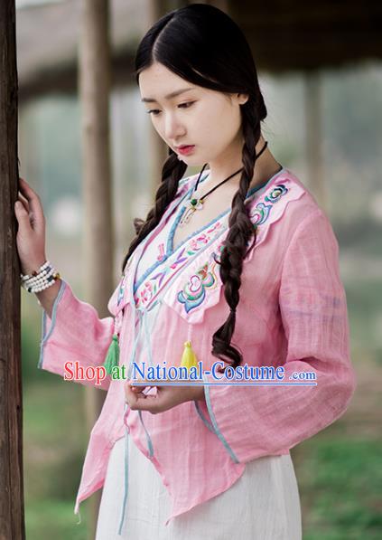 Traditional China National Costume Linen Blouse Chinese Tang Suit Embroidered Pink Cardigan for Women