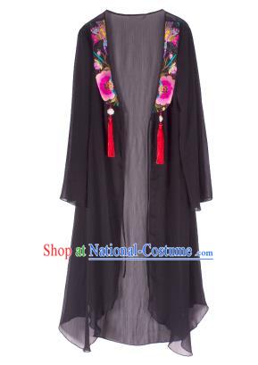 Traditional China National Costume Chinese Tang Suit Embroidered Black Cardigan for Women