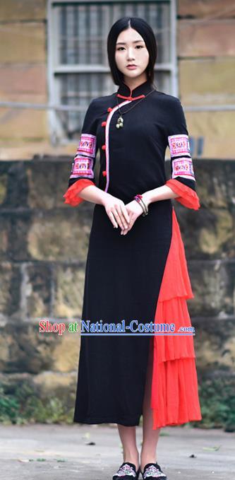 Traditional China National Costume Tang Suit Cheongsam Dress Chinese Embroidered Black Qipao for Women