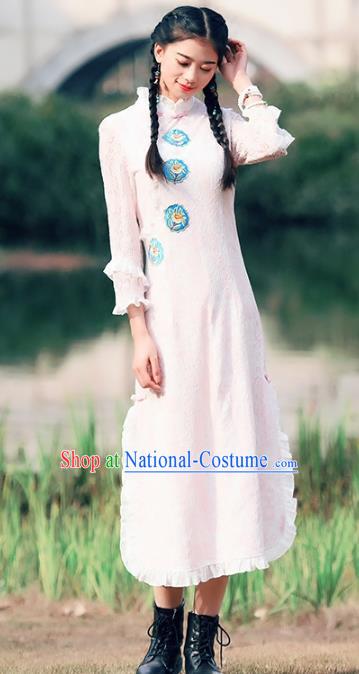 Traditional China National Costume Tang Suit Pink Lace Qipao Dress Chinese Embroidered Cheongsam for Women