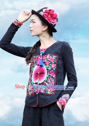 Traditional China National Costume Tang Suit Vests Chinese Embroidered Black Waistcoat for Women