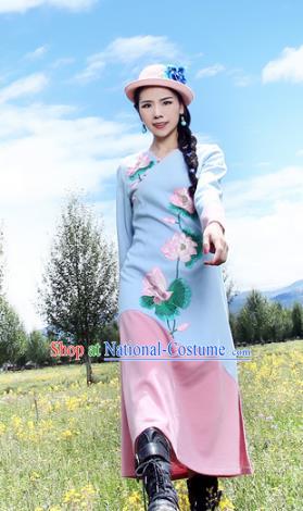 Traditional China National Costume Printing Lotus Cheongsam Dress Chinese Tang Suit Qipao for Women